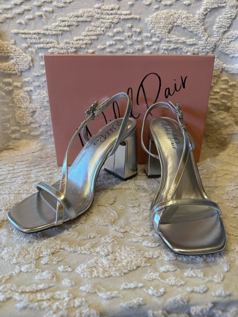 Wild Pair Silver Metallic Block Heel Slingback Sandals with Gem Accent # 645 - Picture 2 of 6
